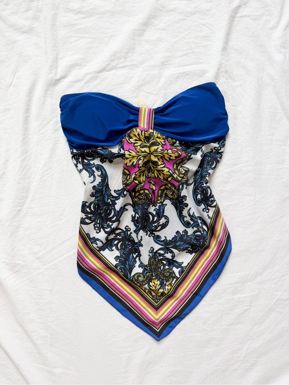 Blue Strapless Bandeau One-Piece with Multicolor Baroque Print